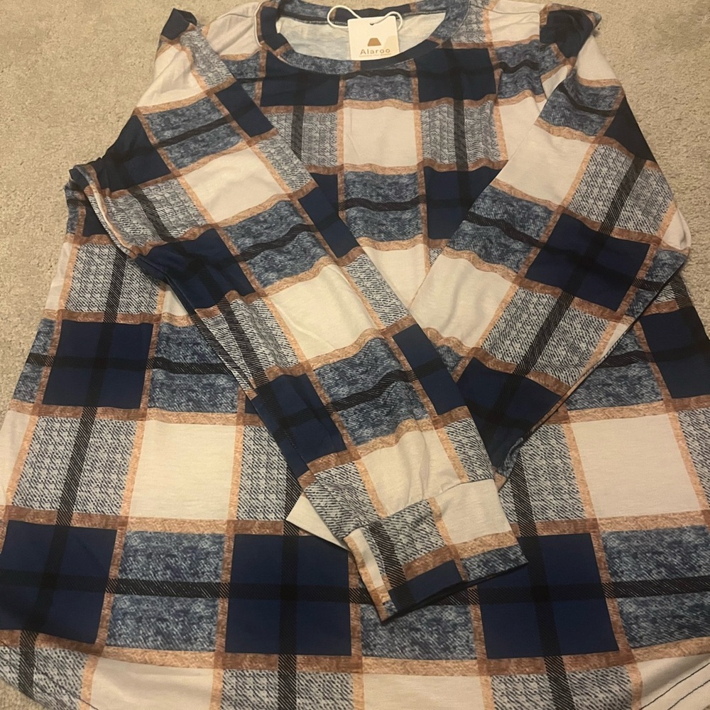 Alaroo Womens blue,cream and gold Plaid Long Sleeve Top